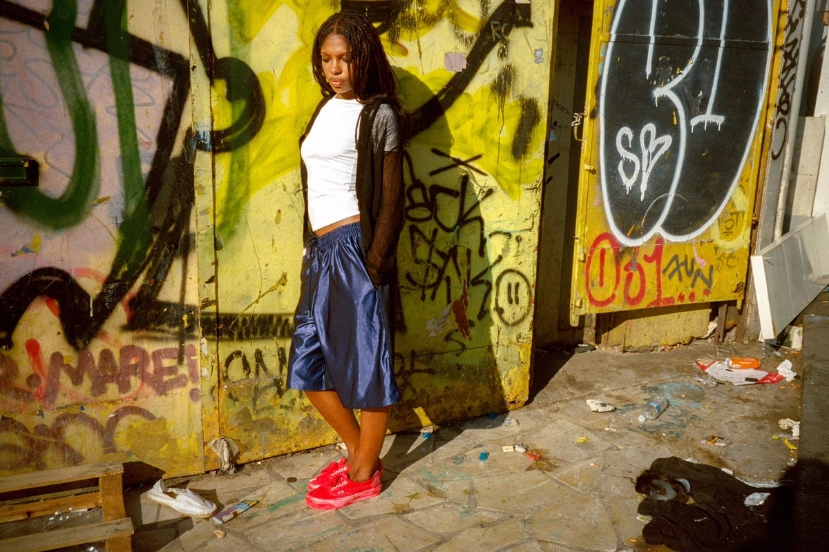 navy shiny terry short — image 2 of 3